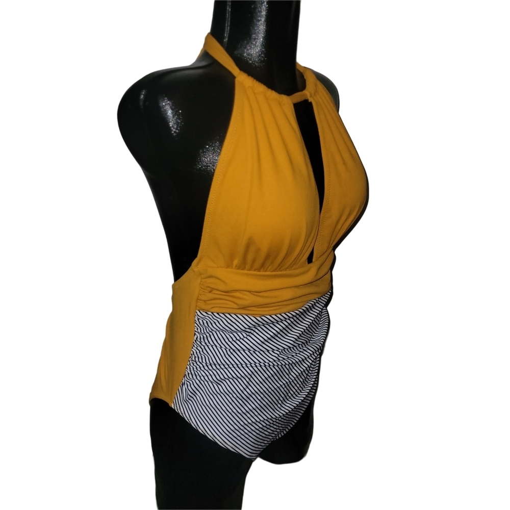 Cupshe Golden Yellow And Striped Halter One-Piece Swimsuit Size L - Picture 3 of 5